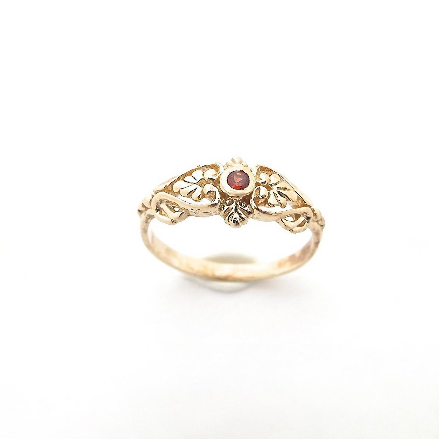 Garnet gold ring, Solid 14k gold victorian ring band