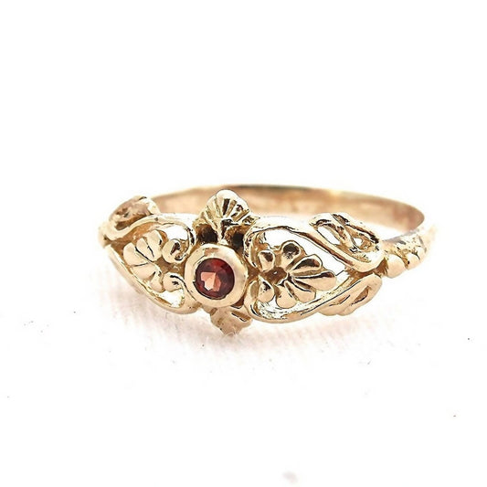 Garnet gold ring, Solid 14k gold victorian ring band