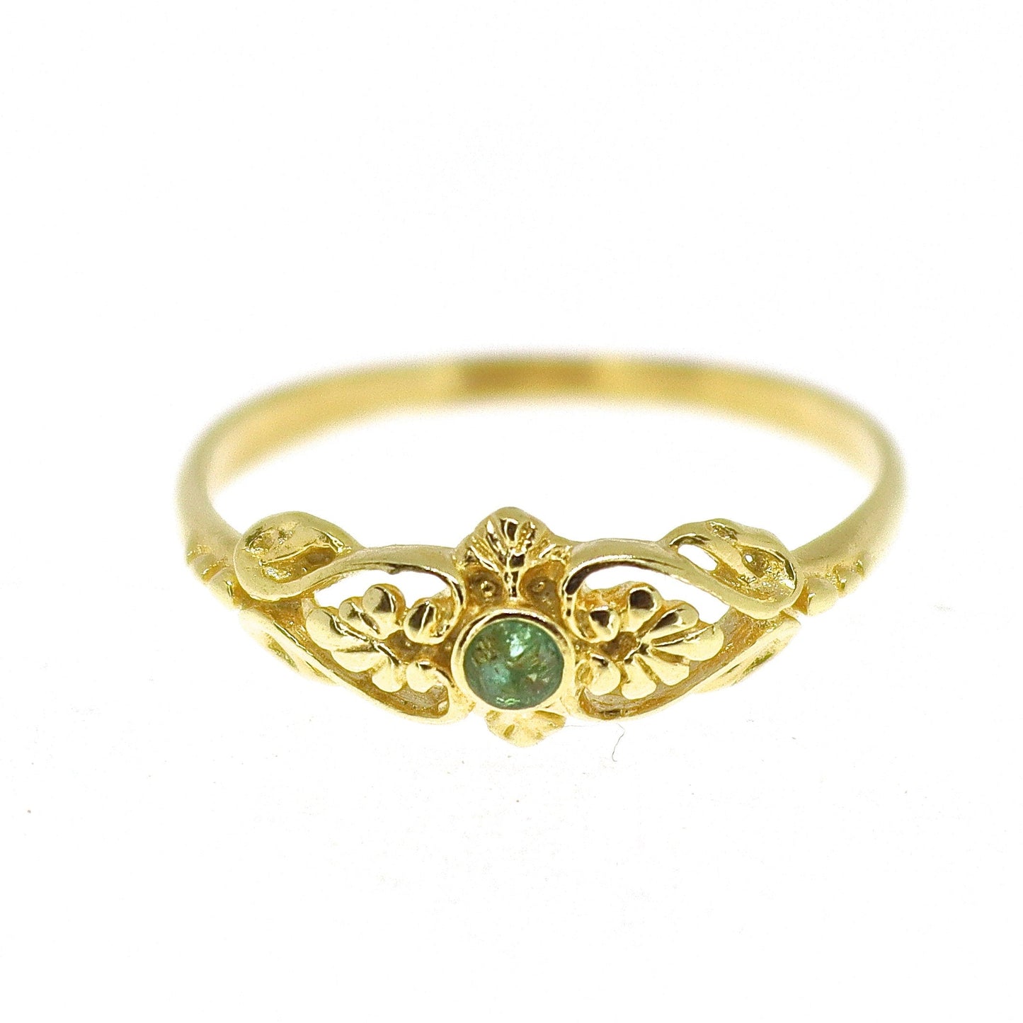 Emerald gold ring band, Solid 14k gold ring victorian style