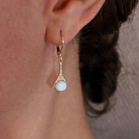 Opal 14k gold dangle Earrings, White opal earrings