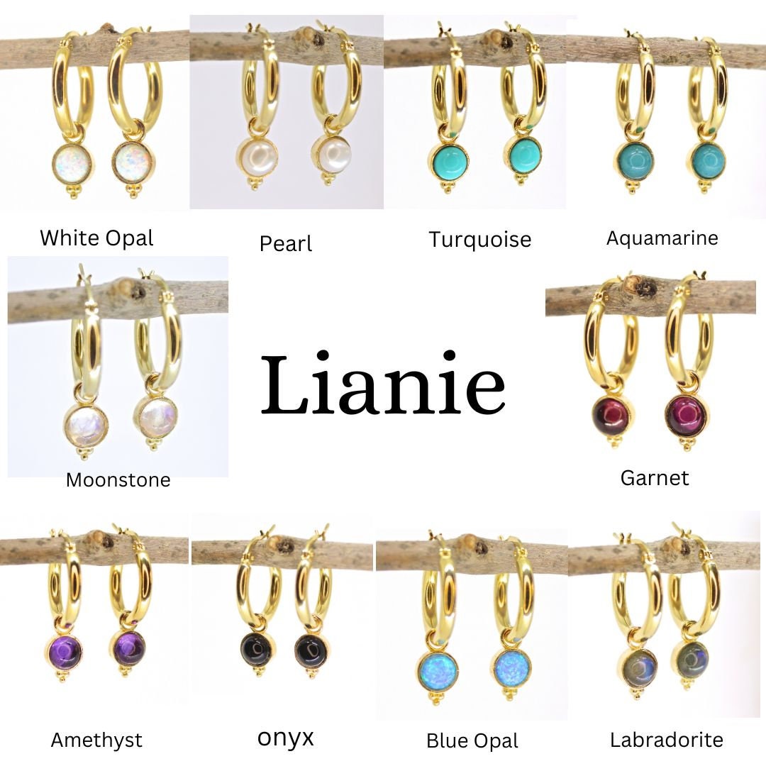 Opal 14k gold dangle hoop earrings, White opal hoop earrings