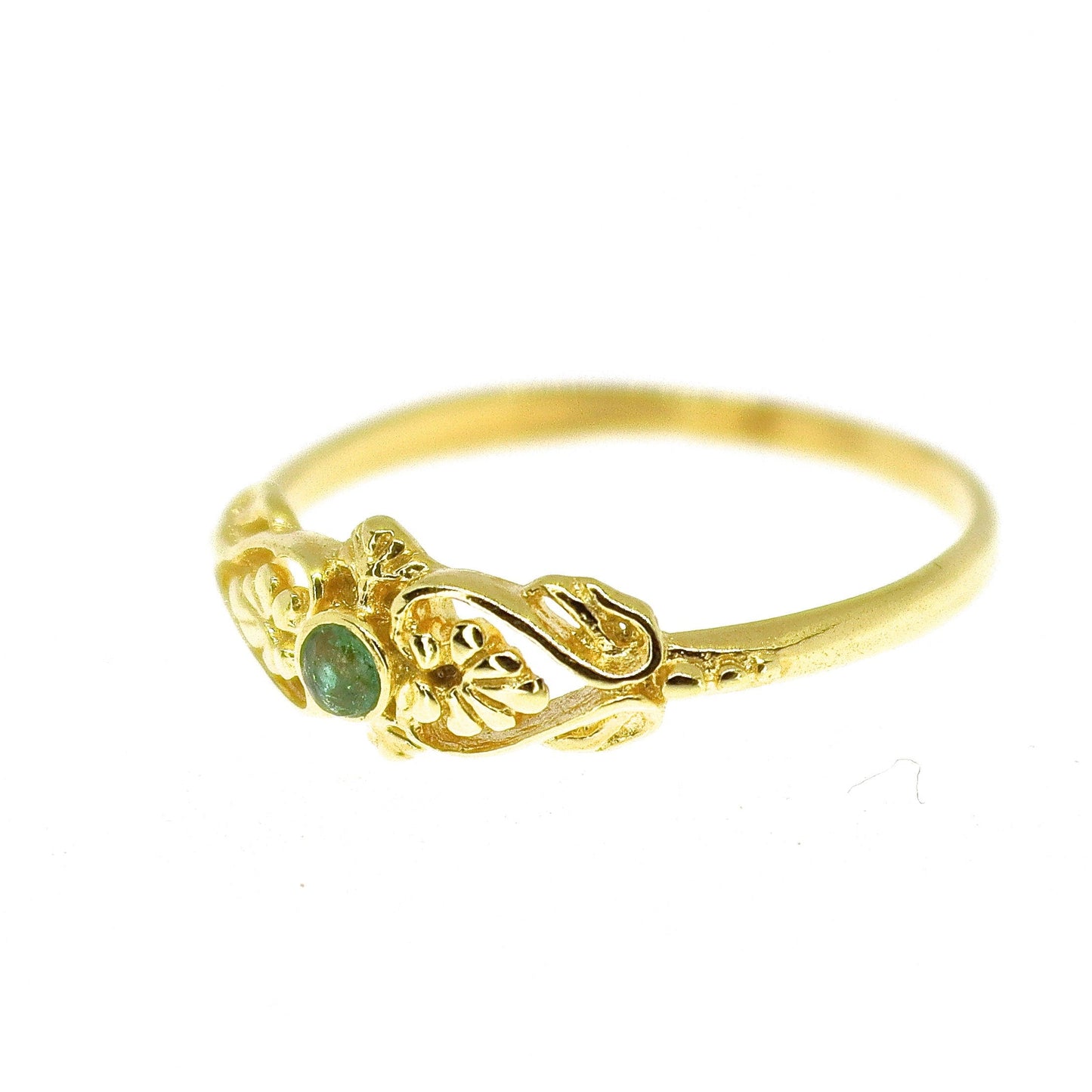 Emerald gold ring band, Solid 14k gold ring victorian style