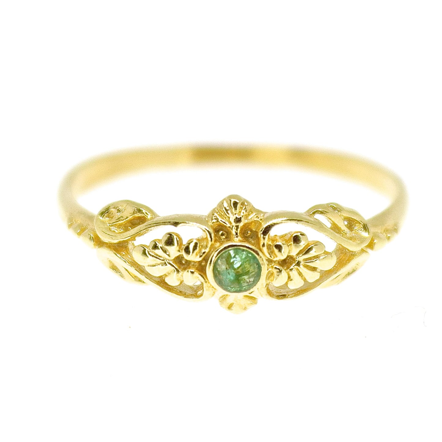Emerald gold ring band, Solid 14k gold ring victorian style