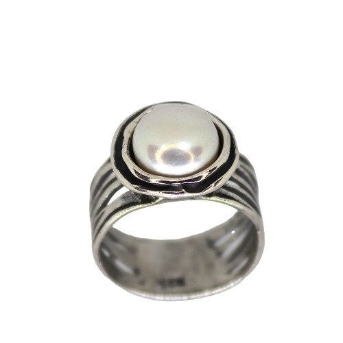 Pearl ring, Wide sterling silver 925 elegant ring