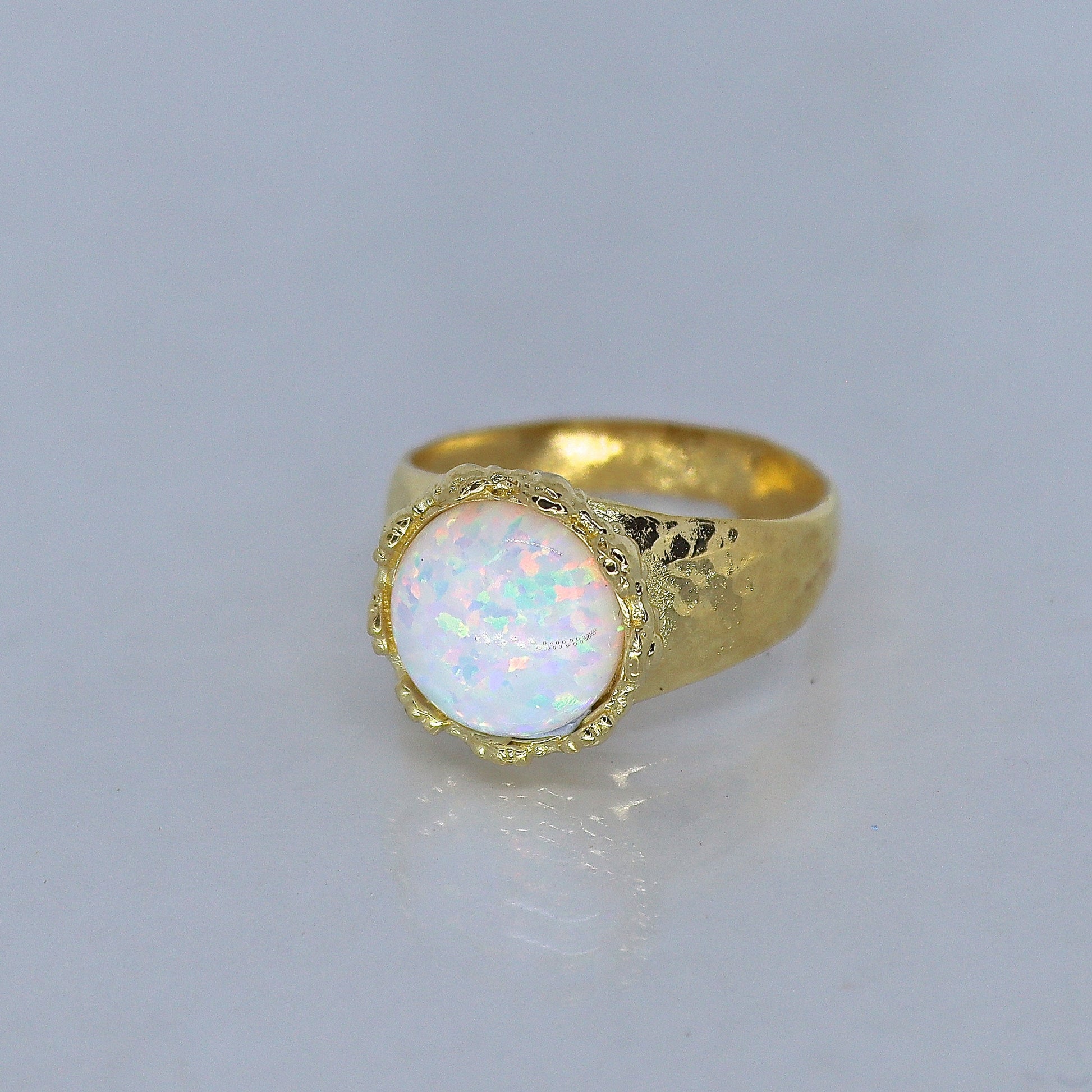 Opal 14k gold hammered ring band, White opal ring