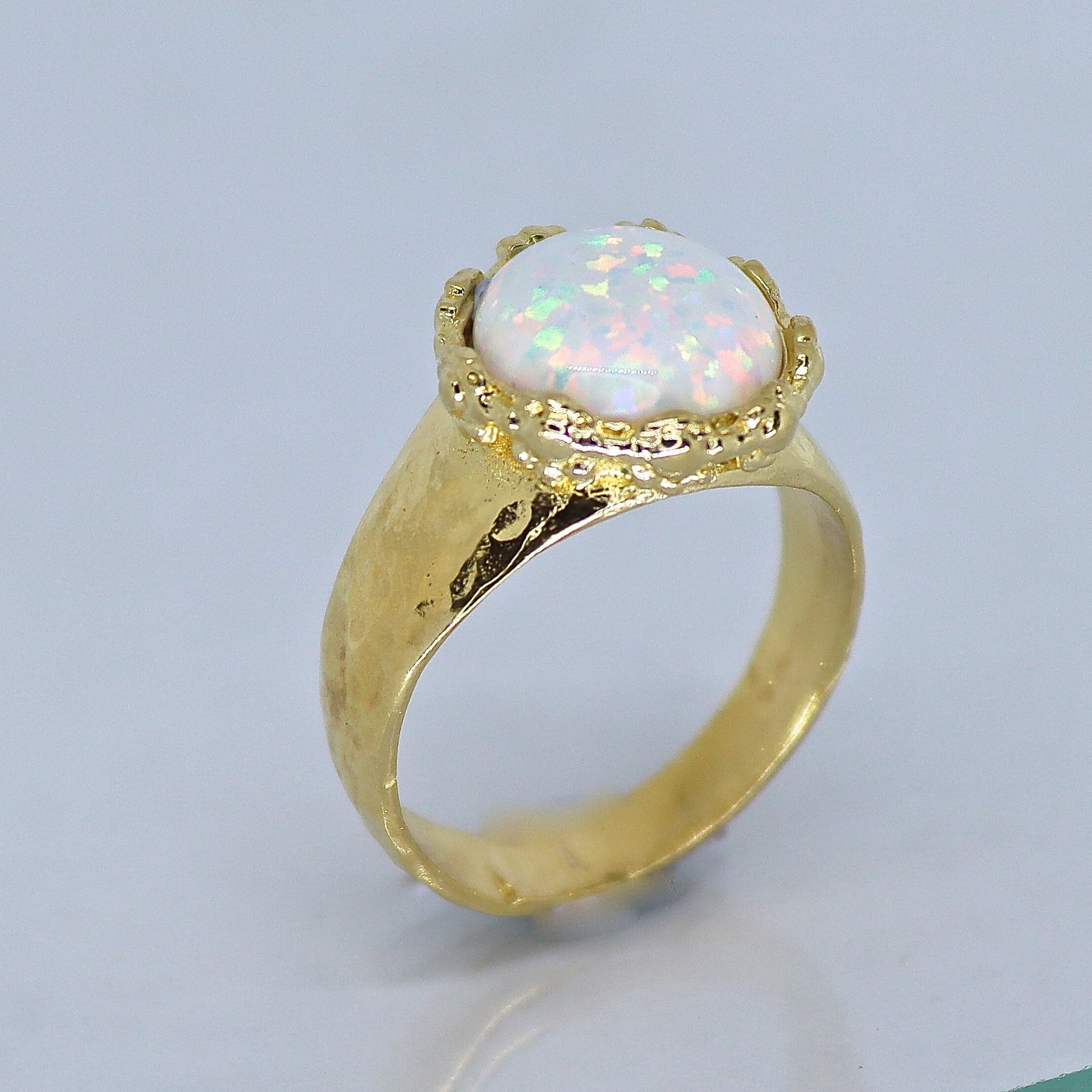 Opal 14k gold hammered ring band, White opal ring