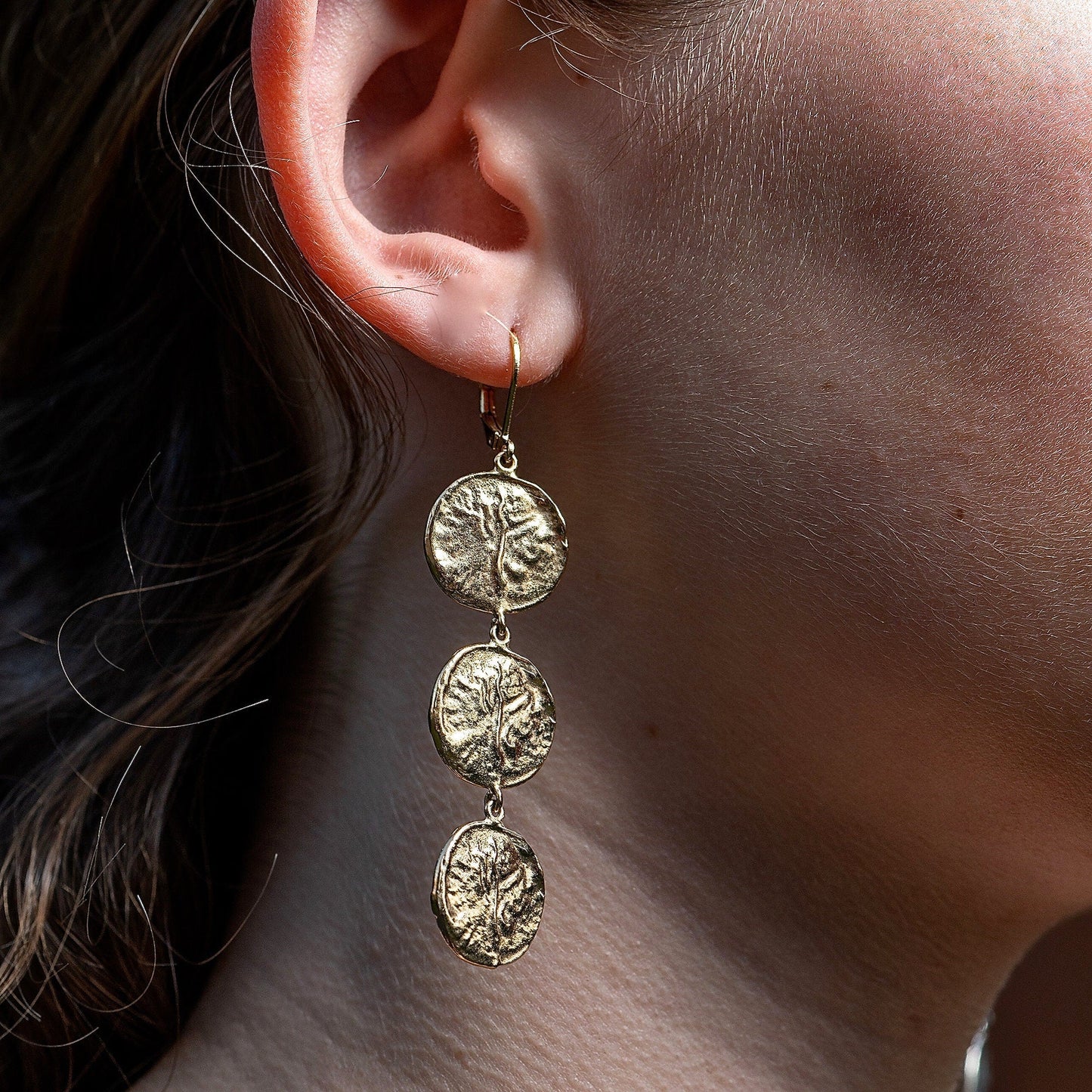 Long gold coin dangle earrings, Triple disk gold earrings
