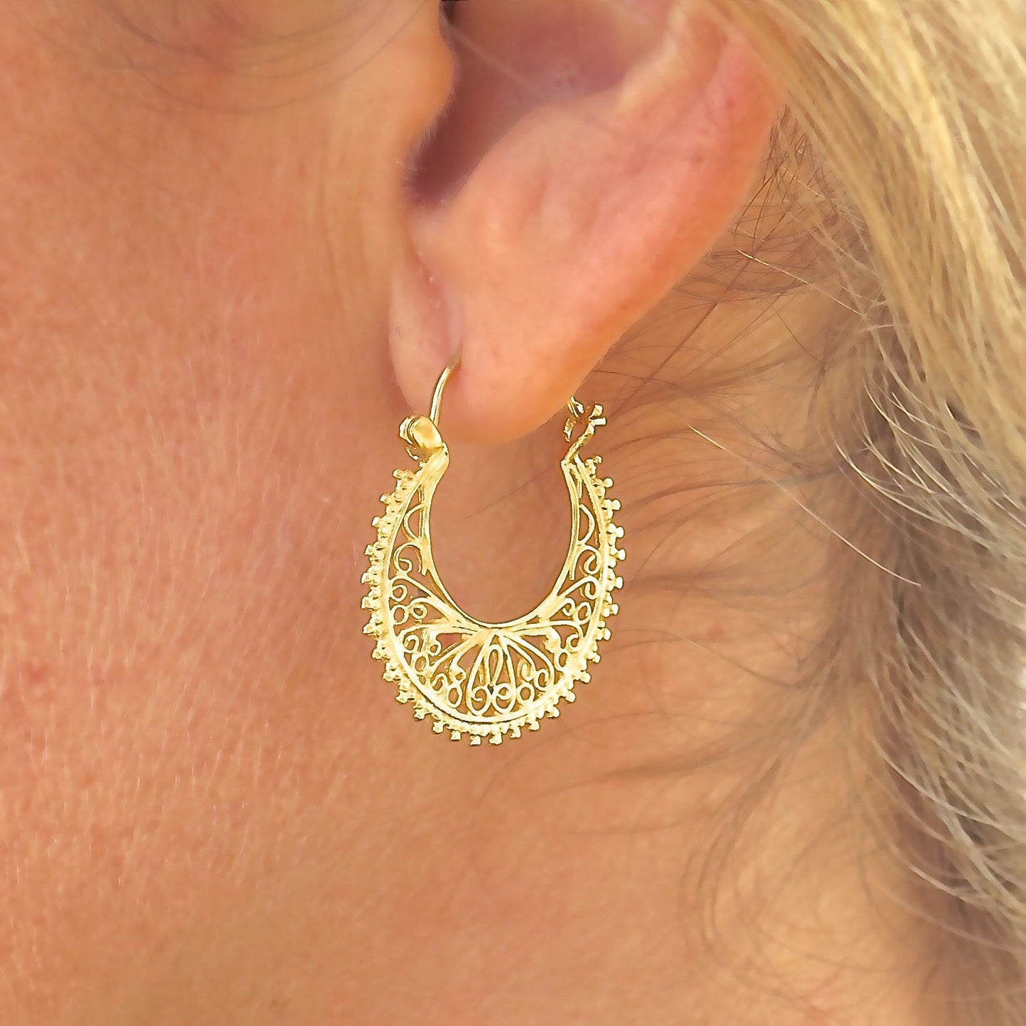 Handmade 14K Gold Floral Filigree Hoop Earrings, Statement Jewelry Gift for Her