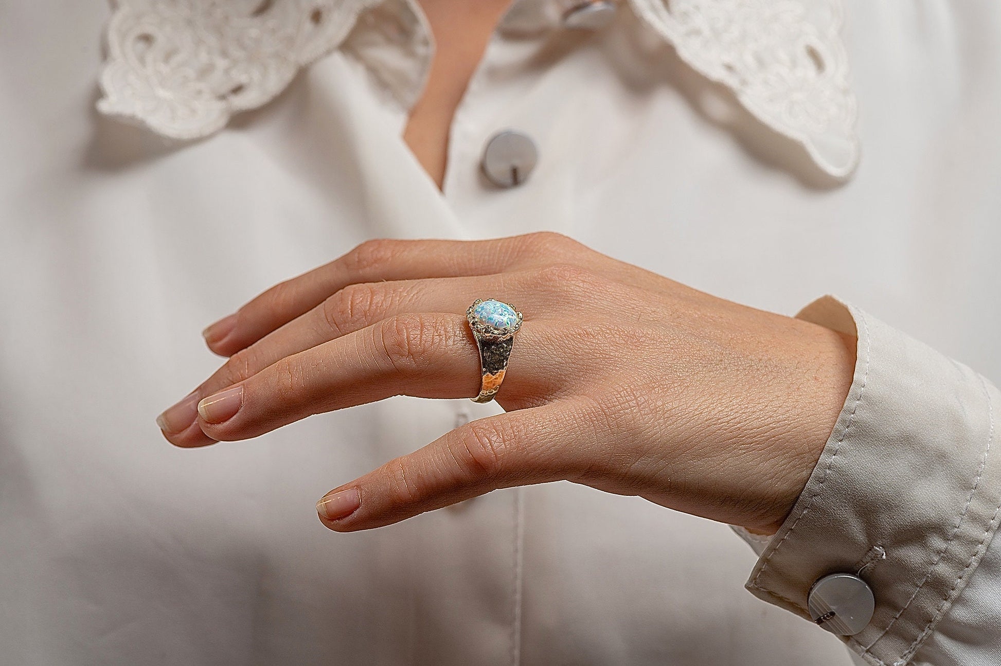 Opal 14k gold hammered ring band, White opal ring
