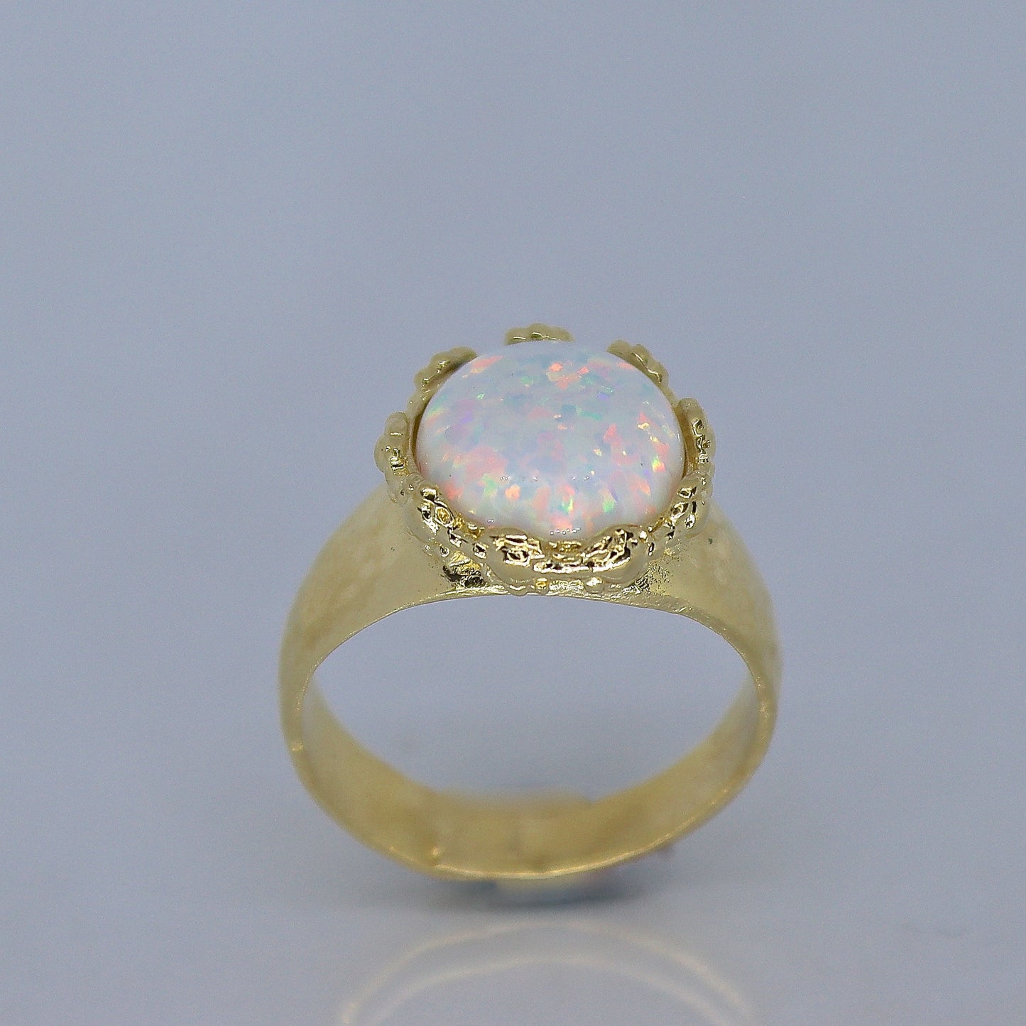 Opal 14k gold hammered ring band, White opal ring