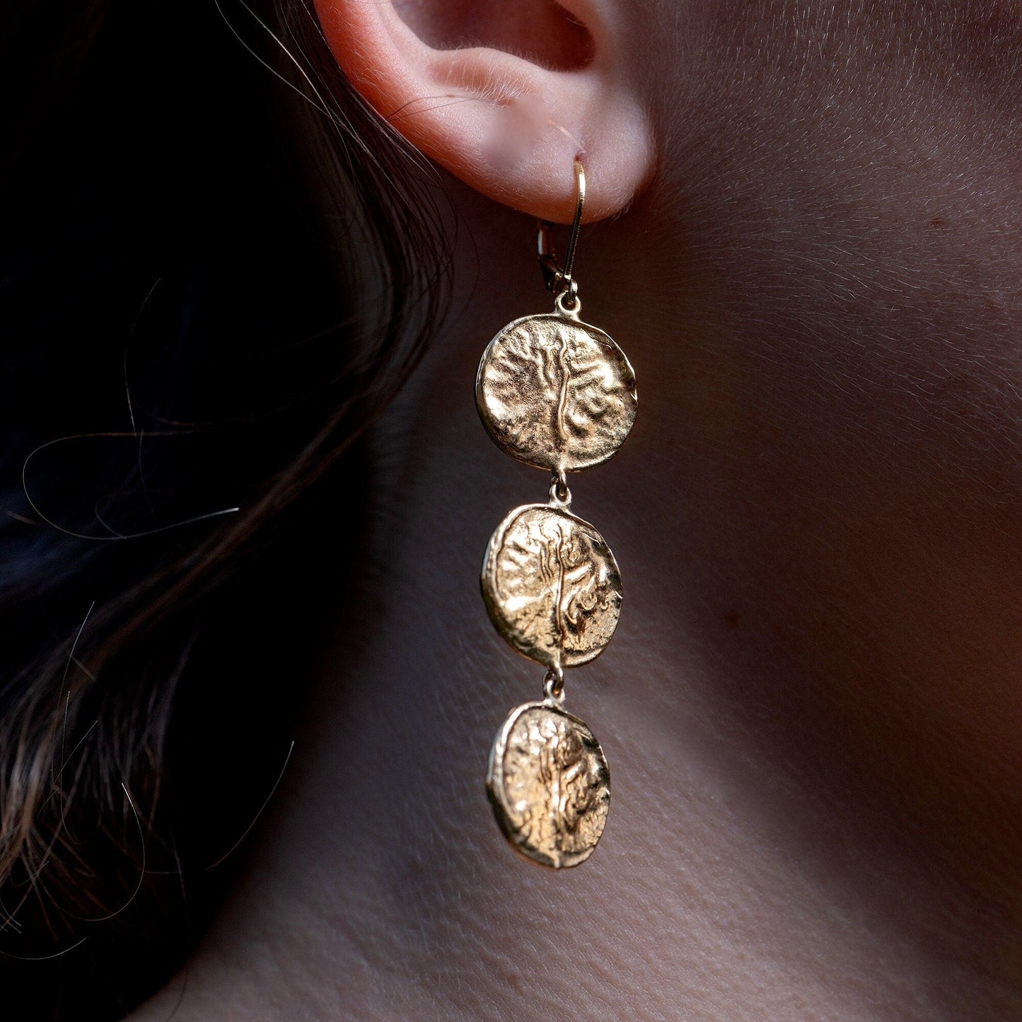 Long gold coin dangle earrings, Triple disk gold earrings