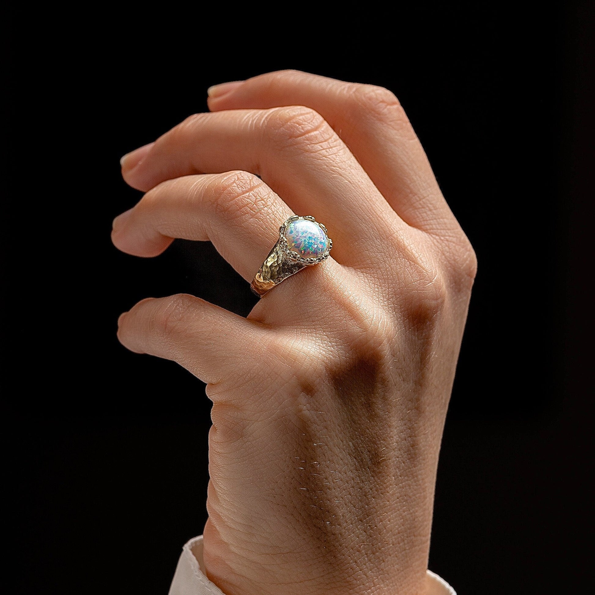 Opal 14k gold hammered ring band, White opal ring