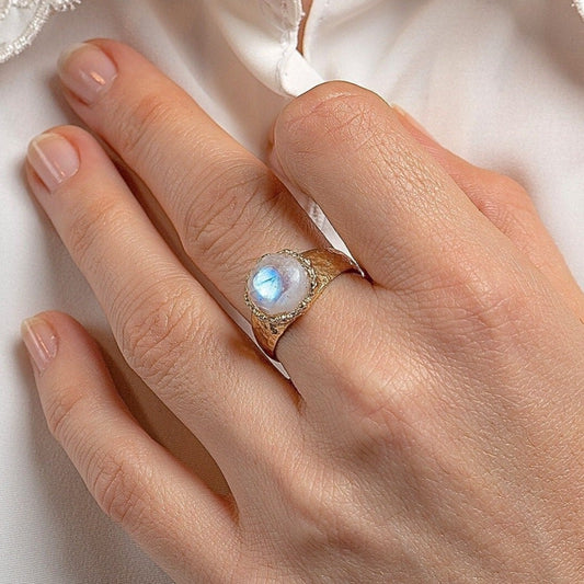 Moonstone 14k gold hammered ring band