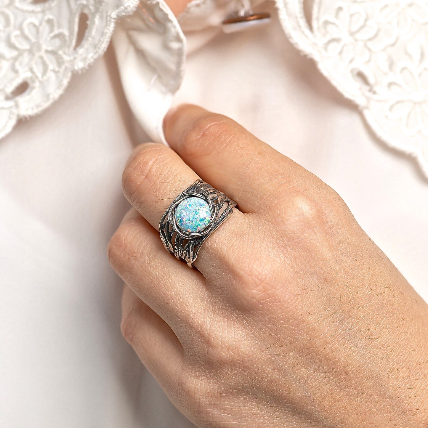 Gemstone ring, Big stone wide sterling silver 925 chunky ring