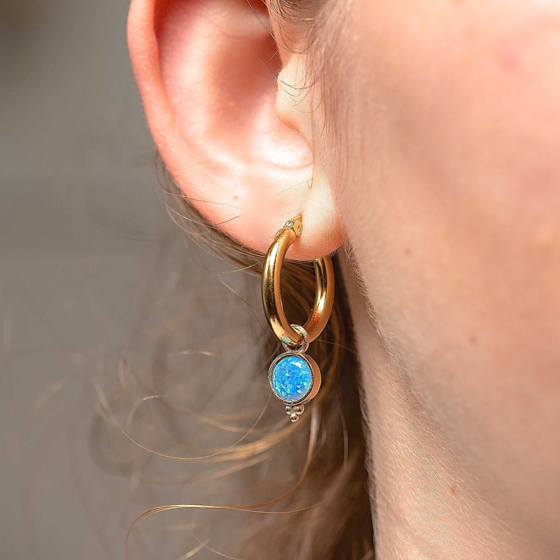 Opal 14k solid gold dangle hoop earrings, Blue opal hoop earrings
