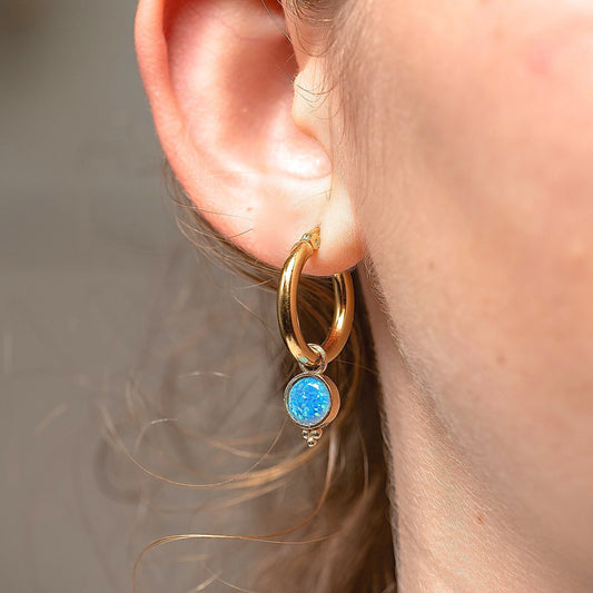 Opal 14k solid gold dangle hoop earrings, Blue opal hoop earrings
