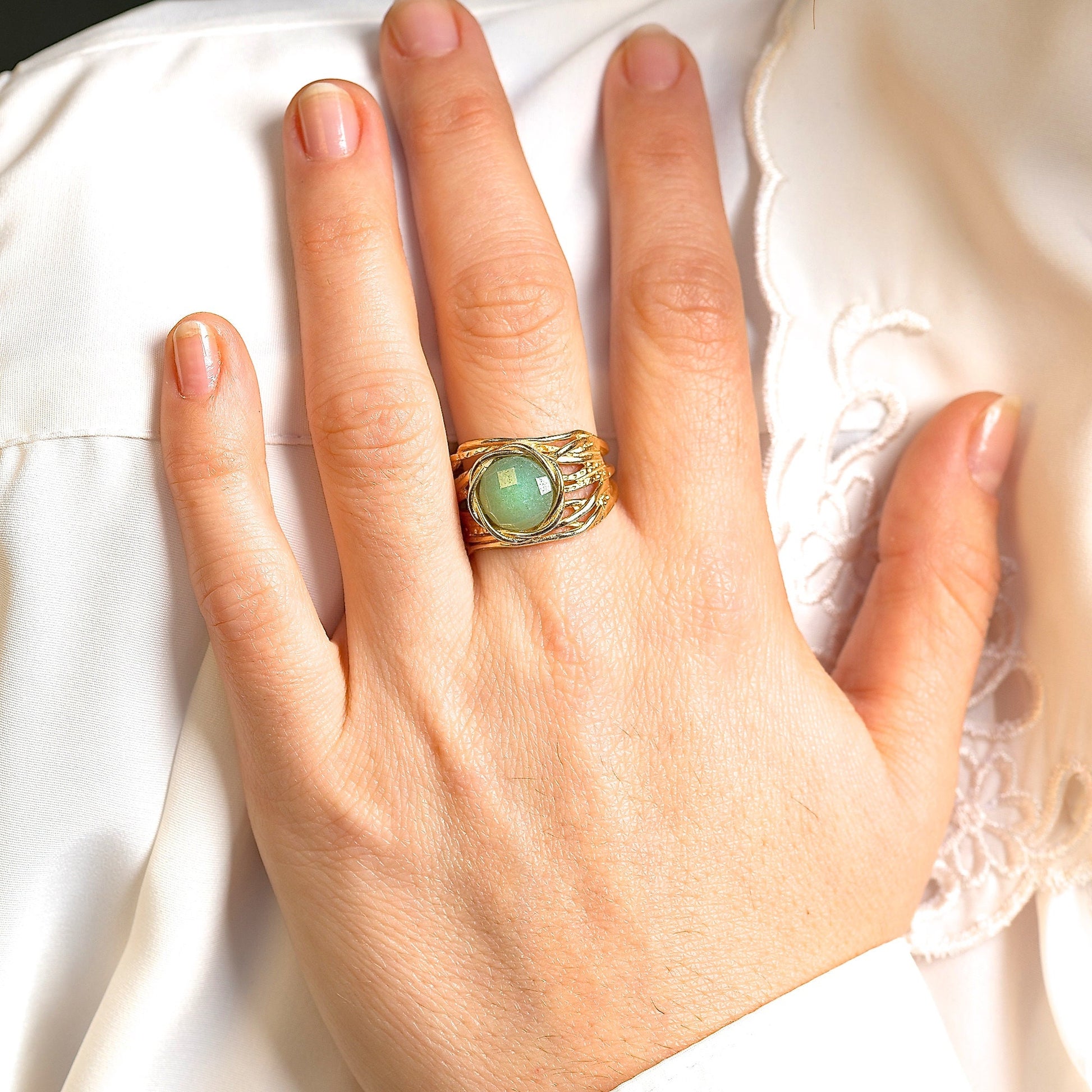Opal gold ring, Solid 14k gold White opal wide ring