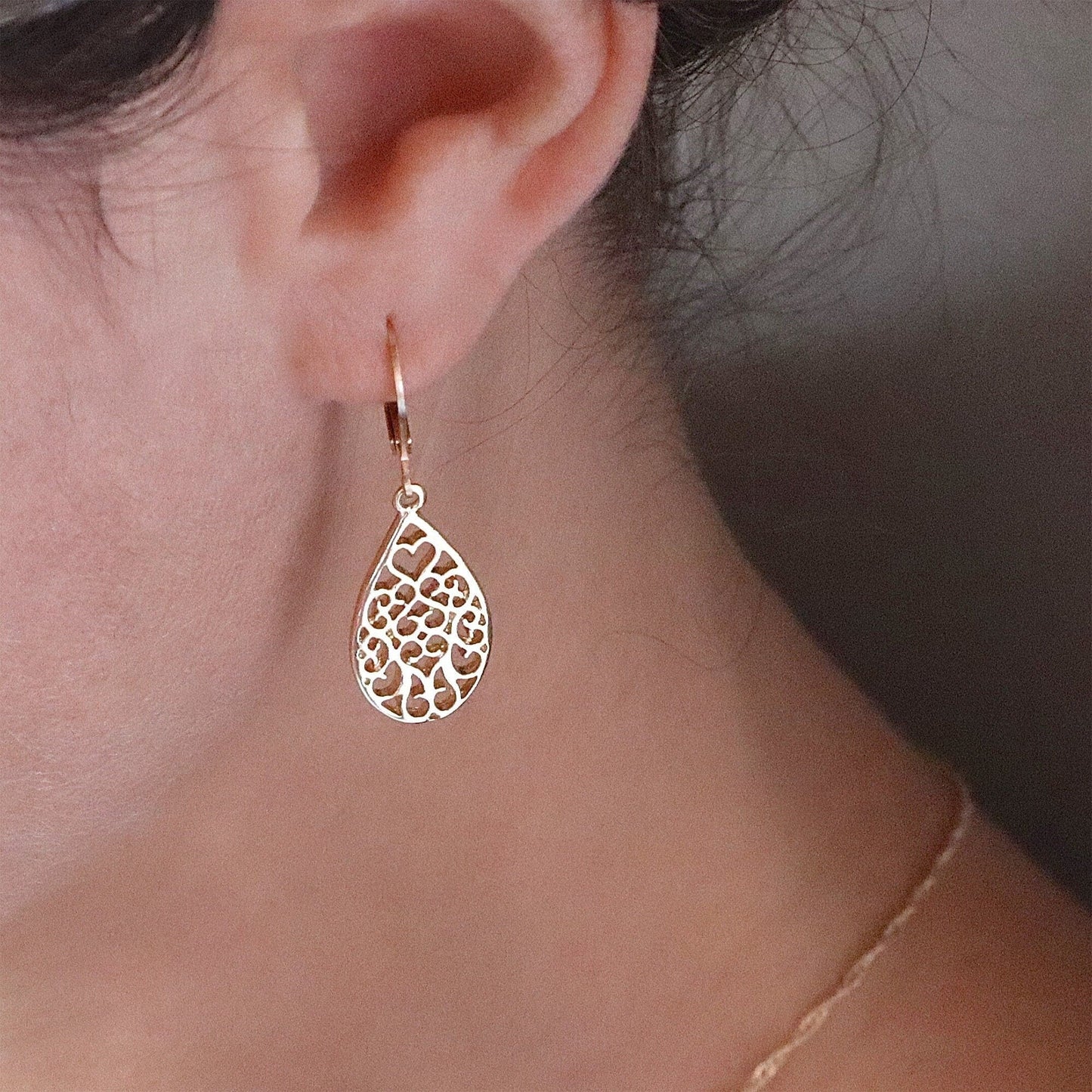 Solid 14k gold dangle earrings, Drop filigree gold earrings