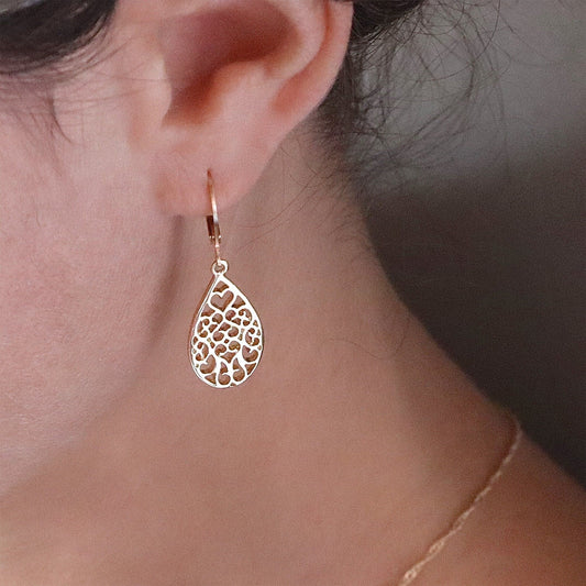 Solid 14k gold dangle earrings, Drop filigree gold earrings