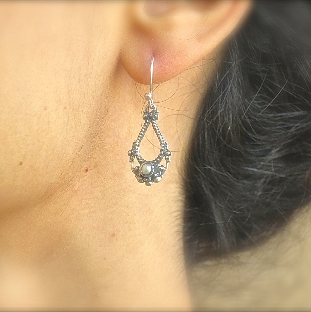 Opal earrings, Solid 14k gold dangle earring, White opal victorian style earringd