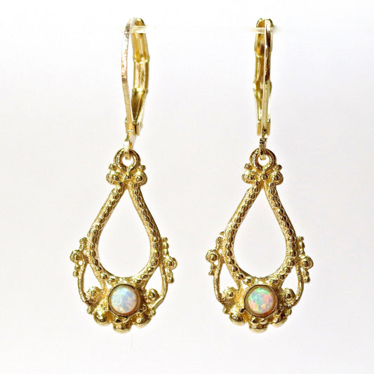 Opal earrings, Solid 14k gold dangle earring, White opal victorian style earringd