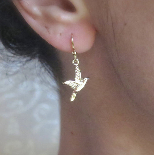 Bird solid 14k gold dangle earrings, Humming bird earrings