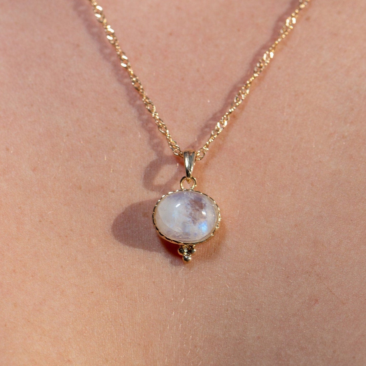 Moonstone gold pendant necklace, Rainbow moonstone pendant