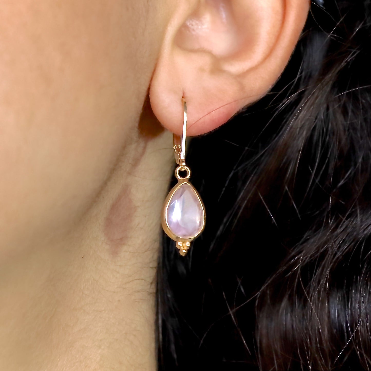 Rose quartz earrings, Teardrop pink stone gold dangle earrings