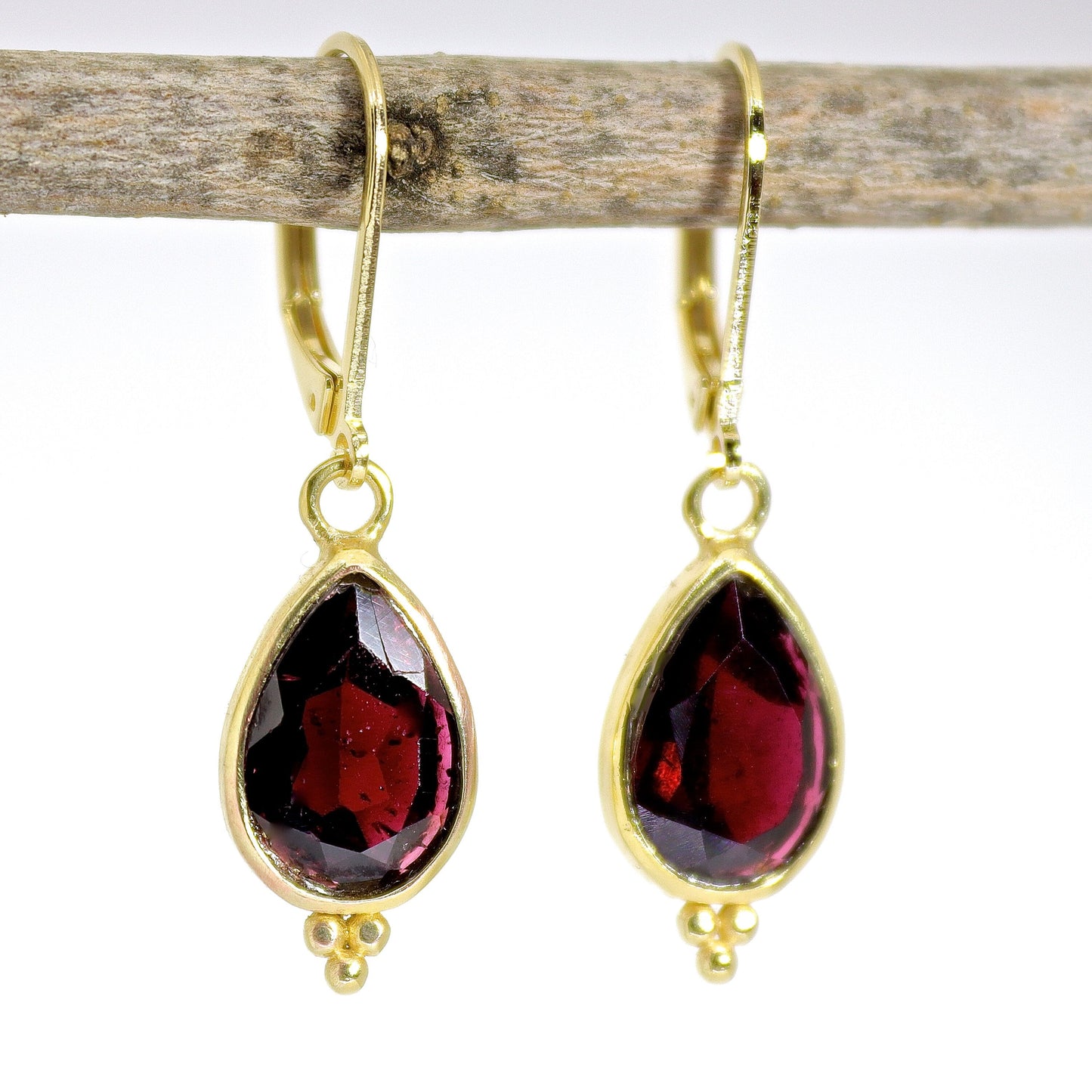 Garnet earrings, Teardrop red stone gold dangle earrings