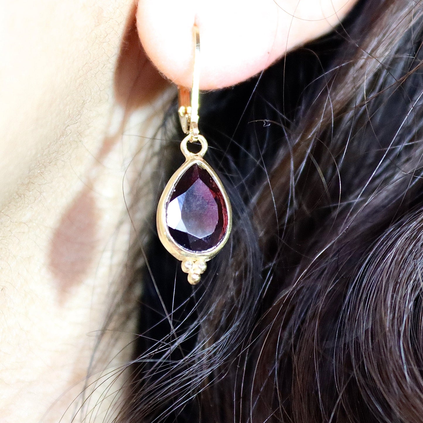 Garnet earrings, Teardrop red stone gold dangle earrings