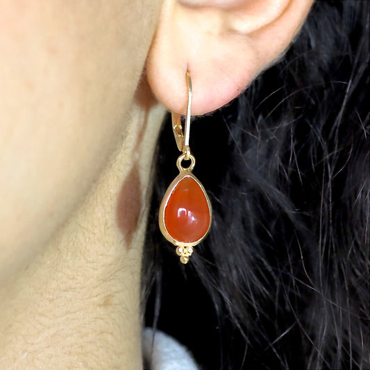 14K Gold Handmade Carnelian Drop Earrings, Teardrop Orange Stone Dangles, Birthday Gift for Her