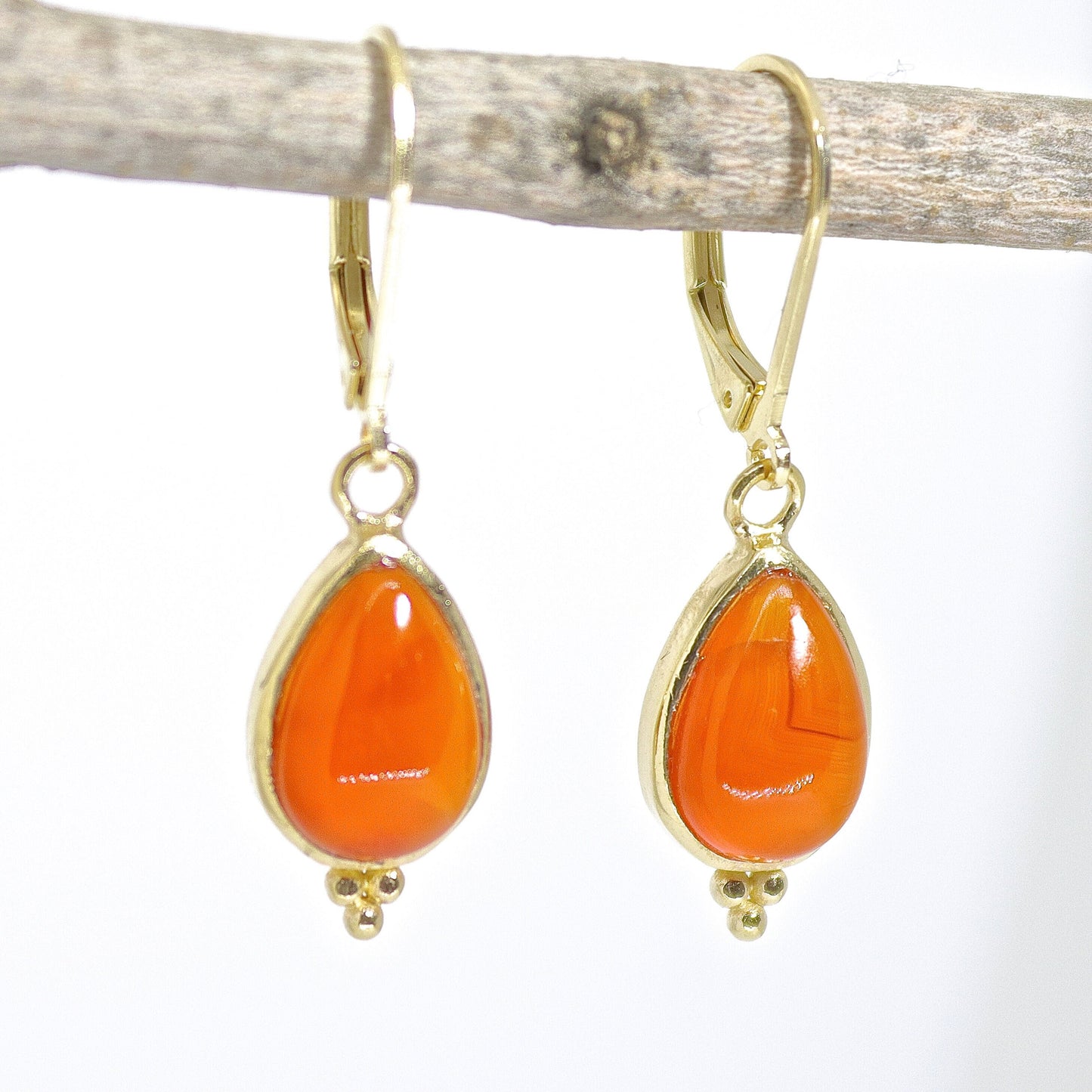 14K Gold Handmade Carnelian Drop Earrings, Teardrop Orange Stone Dangles, Birthday Gift for Her