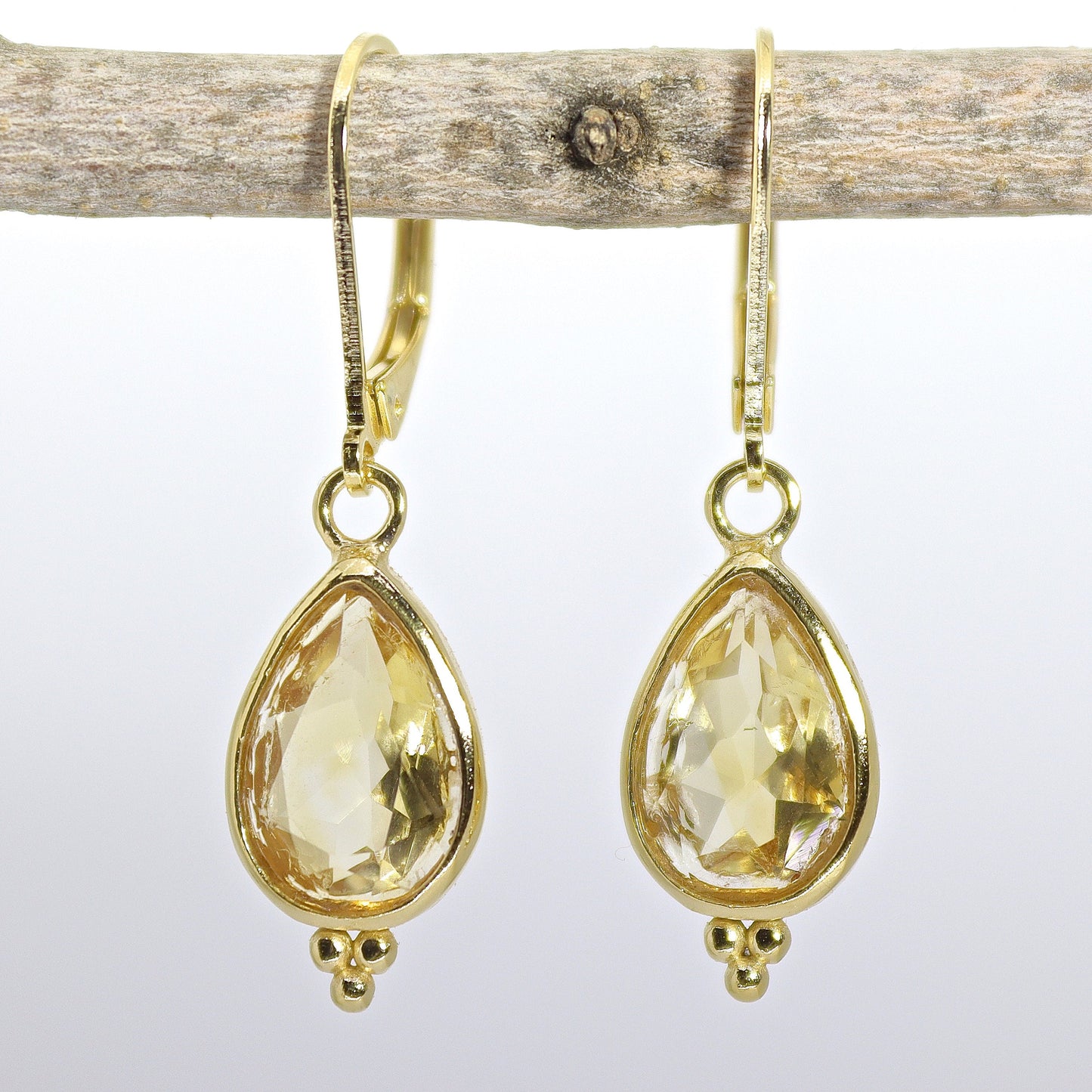 Citrine earrings, Teardrop yellow stone gold dangle earrings