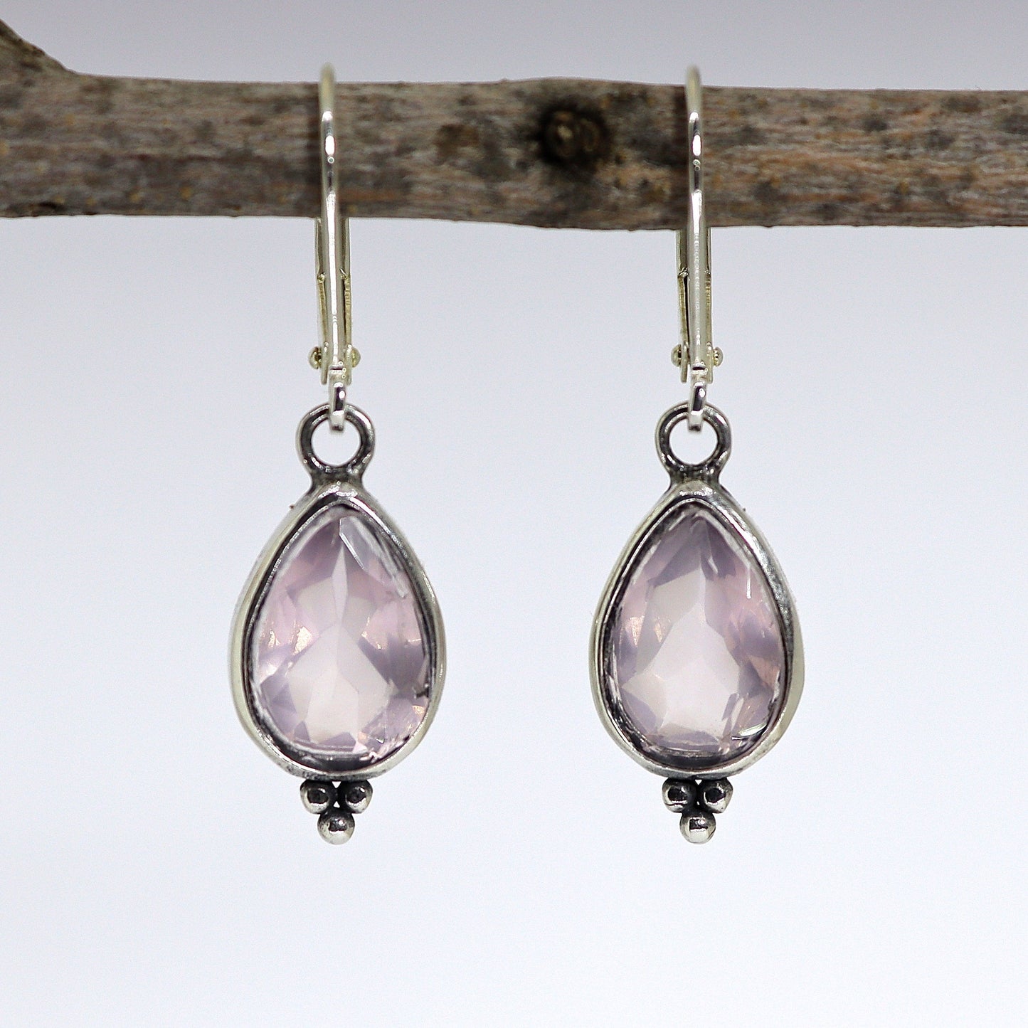 Rose quartz earrings, Teardrop pink stone silver dangle earrings