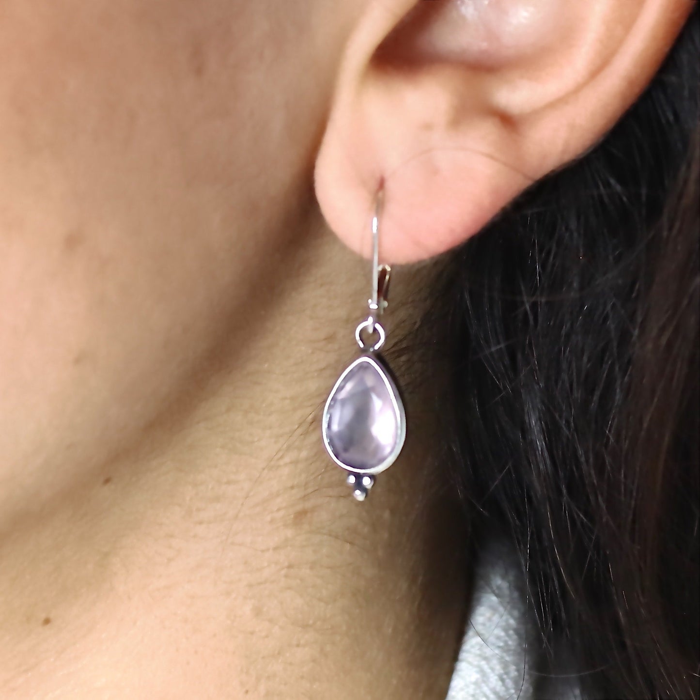 Rose quartz earrings, Teardrop pink stone silver dangle earrings