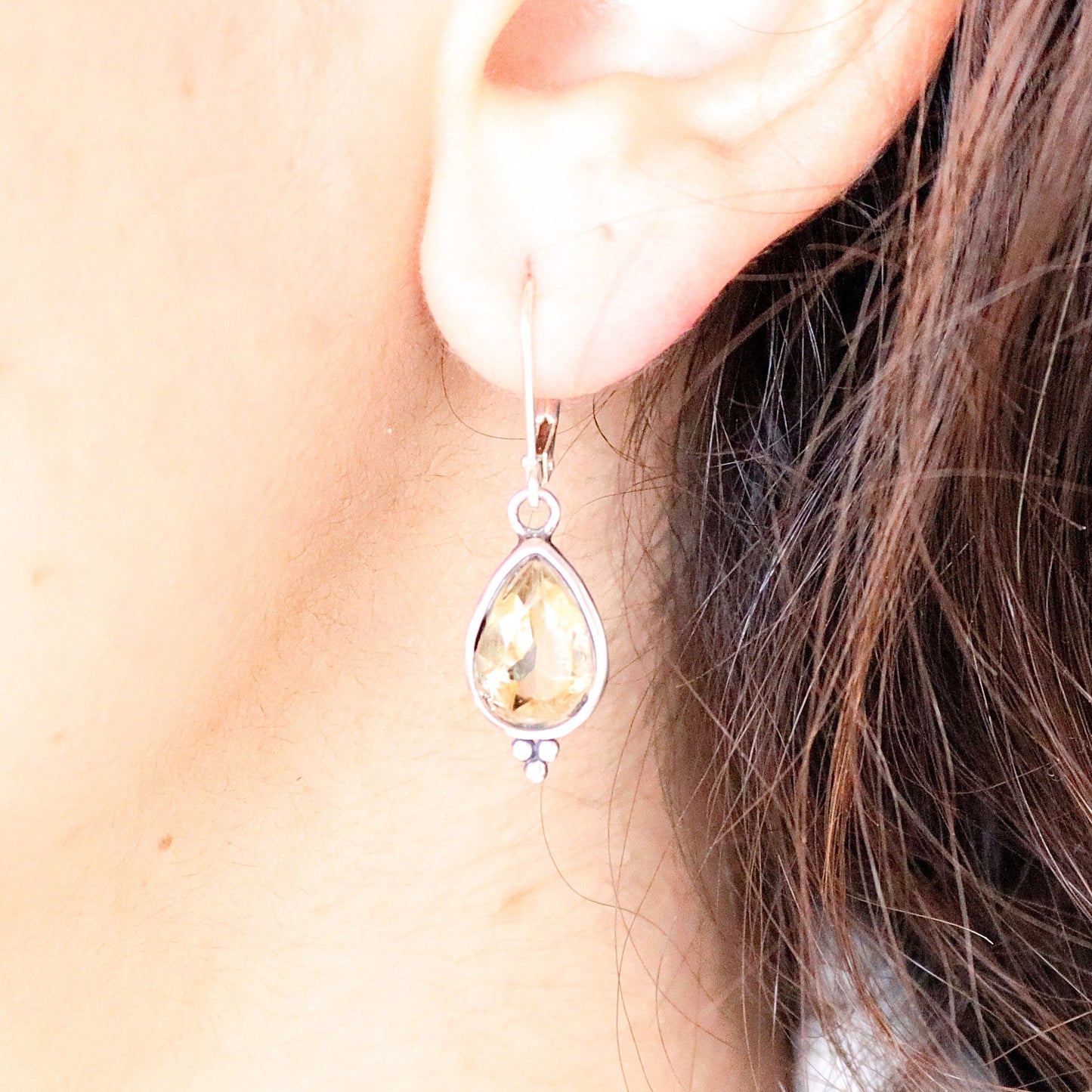Citrine earrings, Teardrop yellow stone silver dangle earrings
