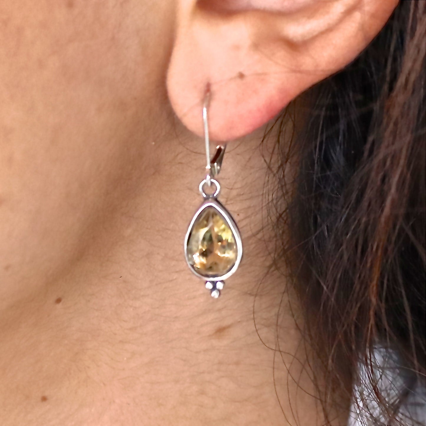 Citrine earrings, Teardrop yellow stone silver dangle earrings