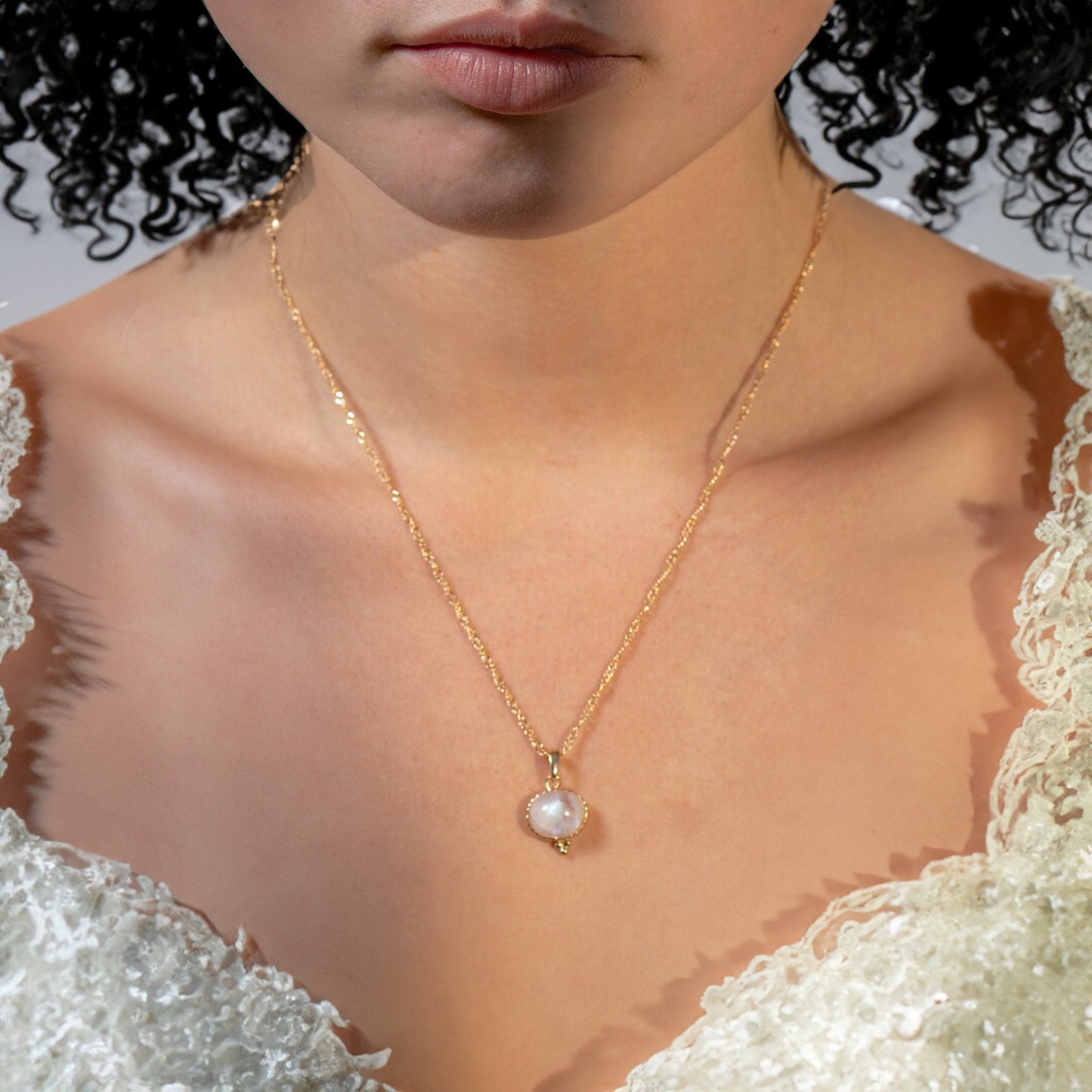 Moonstone gold pendant necklace, Rainbow moonstone pendant