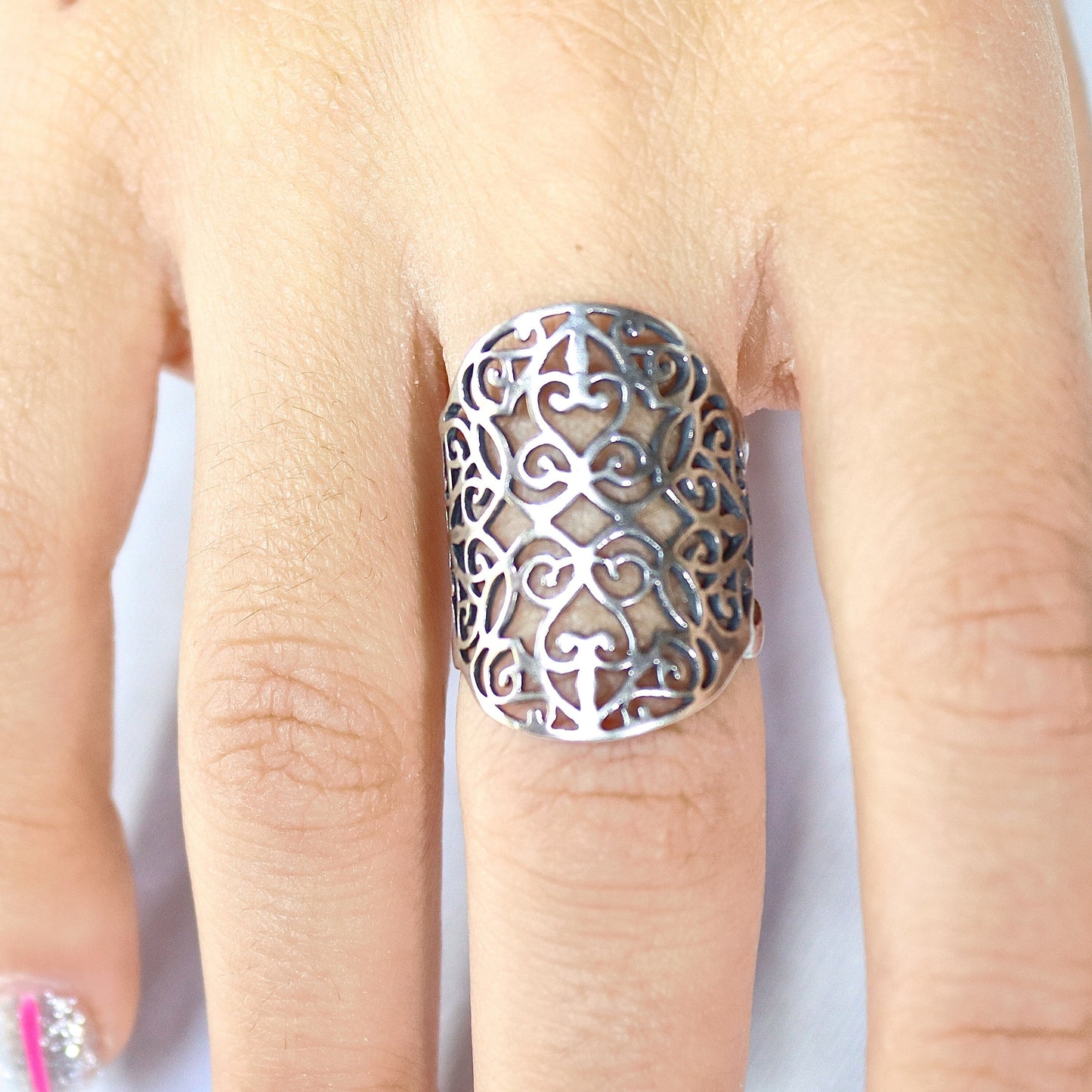 Long statement ring, Sterling silver 925 bold ring