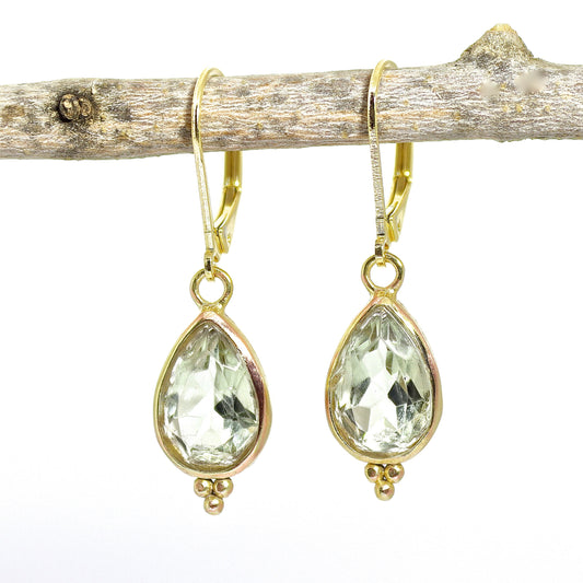 14K gold Green Amethyst earrings, Teardrop green stone dangle earrings