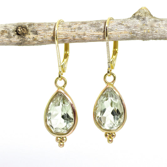 Green Amethyst earrings, Teardrop green stone gold dangle earrings