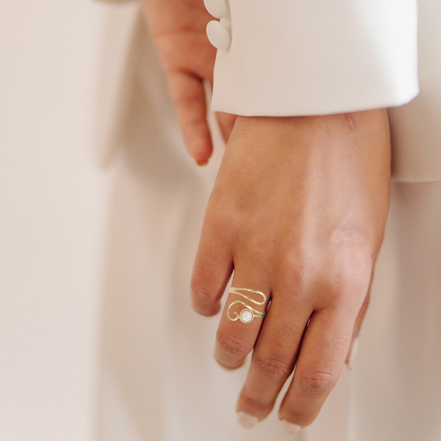 Opal gold ring, Adjustable white opal solid 14k gold ring