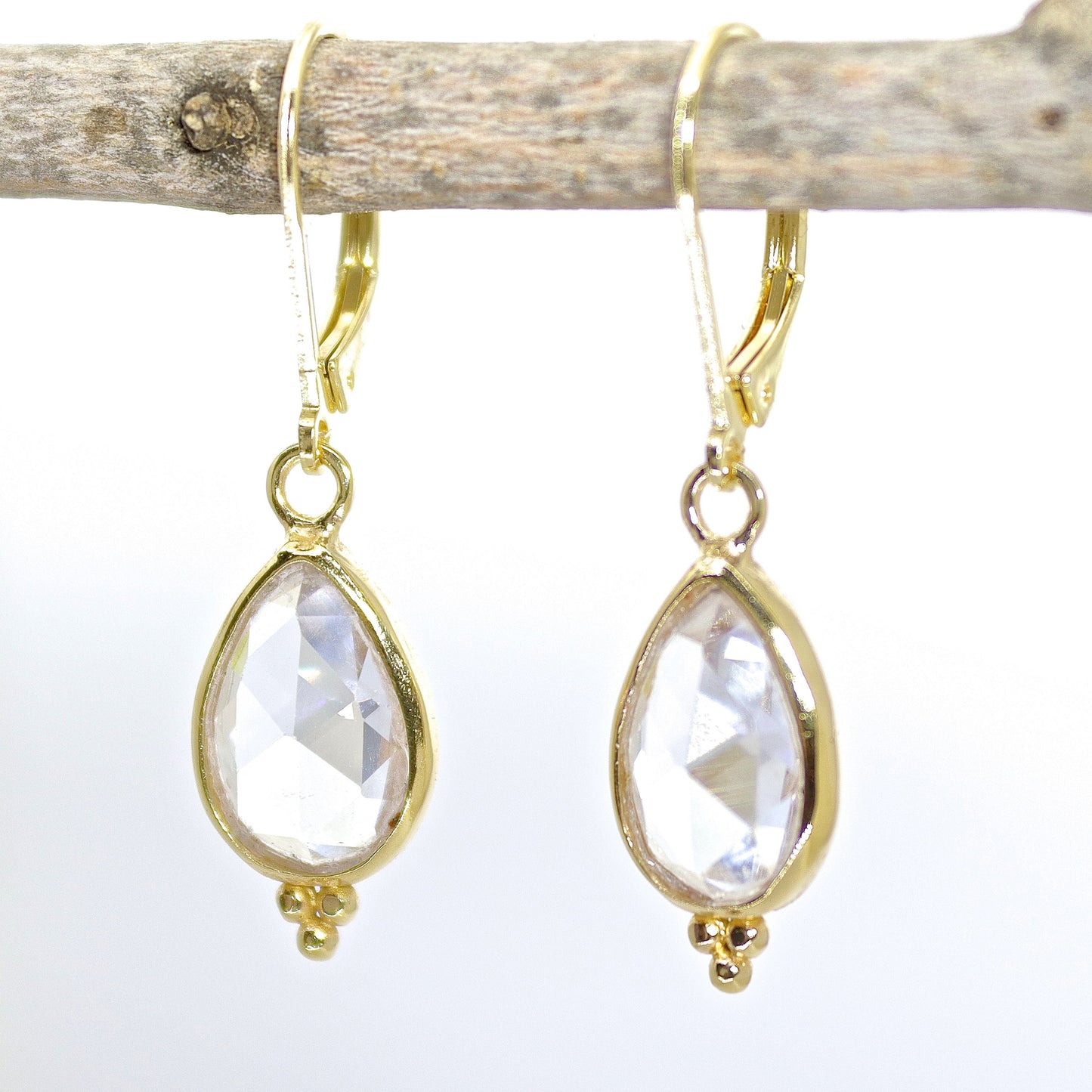 Crystal clear 14k gold earrings, Teardrop quartz stone gold dangle earrings