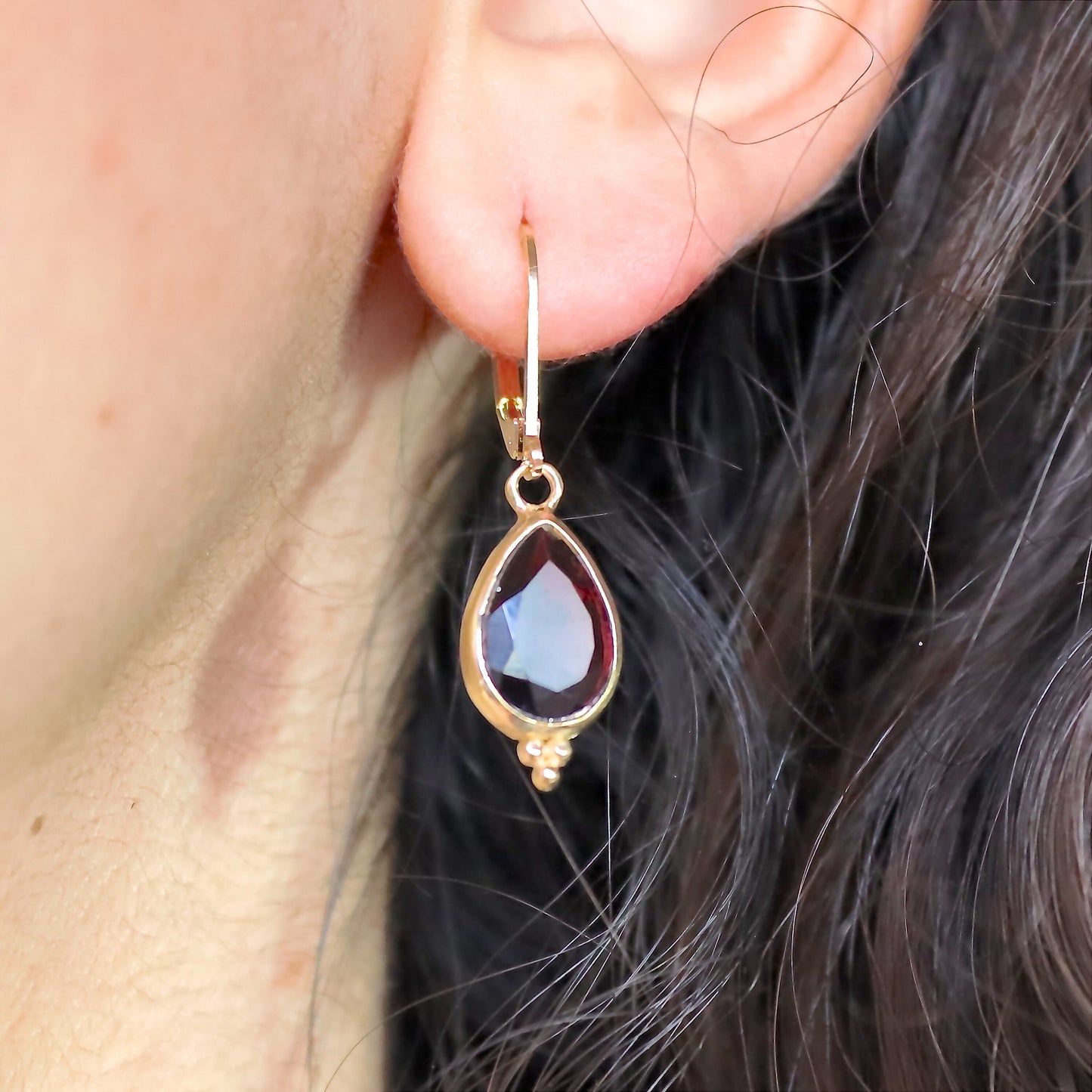 Garnet earrings, Teardrop red stone gold dangle earrings