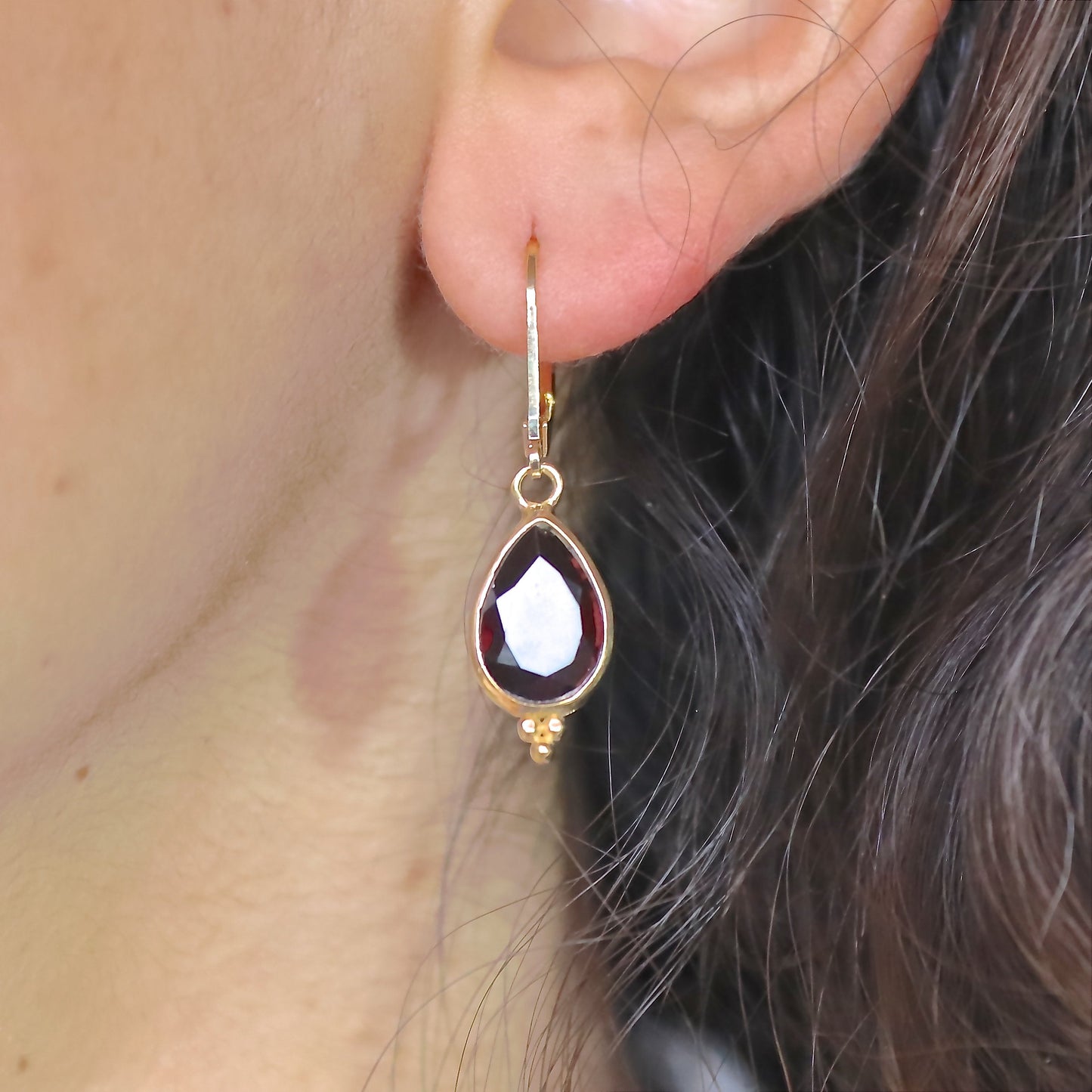 Garnet earrings, Teardrop red stone gold dangle earrings