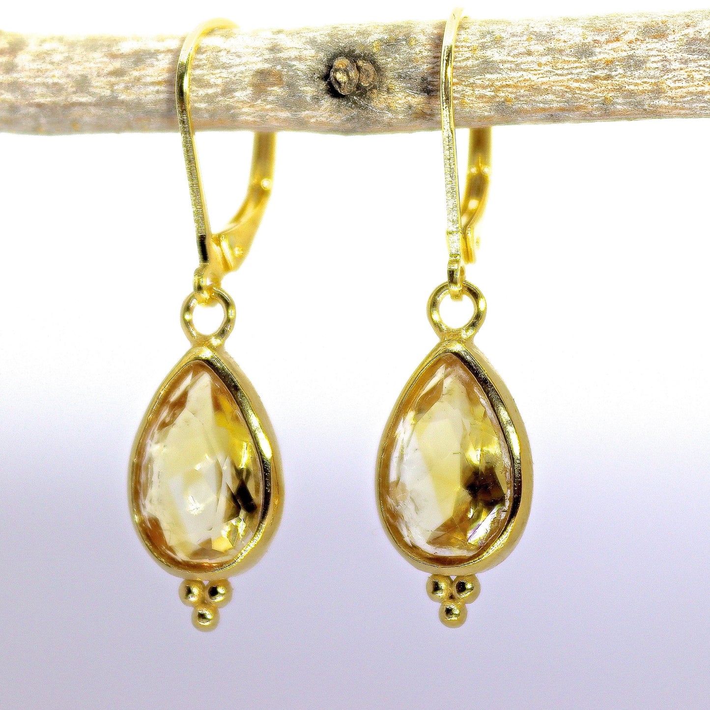 Citrine earrings, Teardrop yellow stone gold dangle earrings