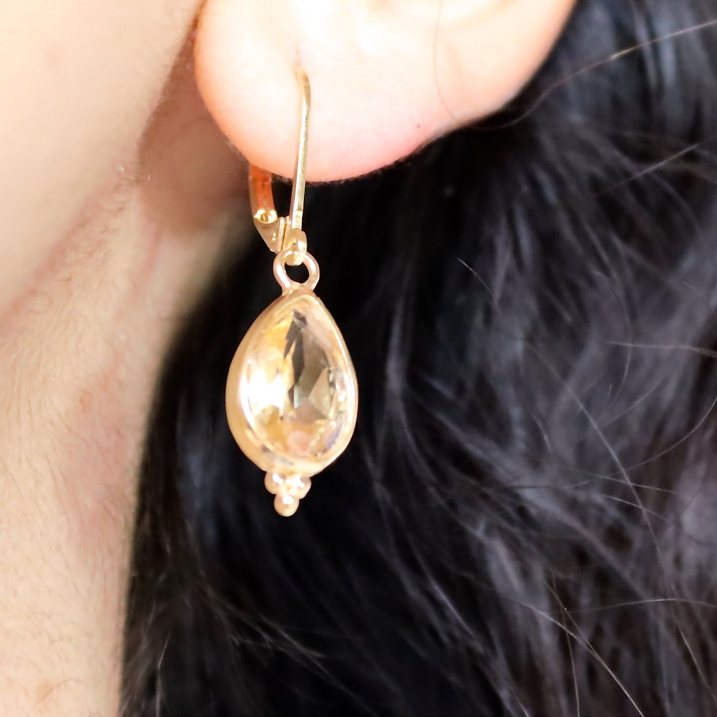 Citrine earrings, Teardrop yellow stone gold dangle earrings