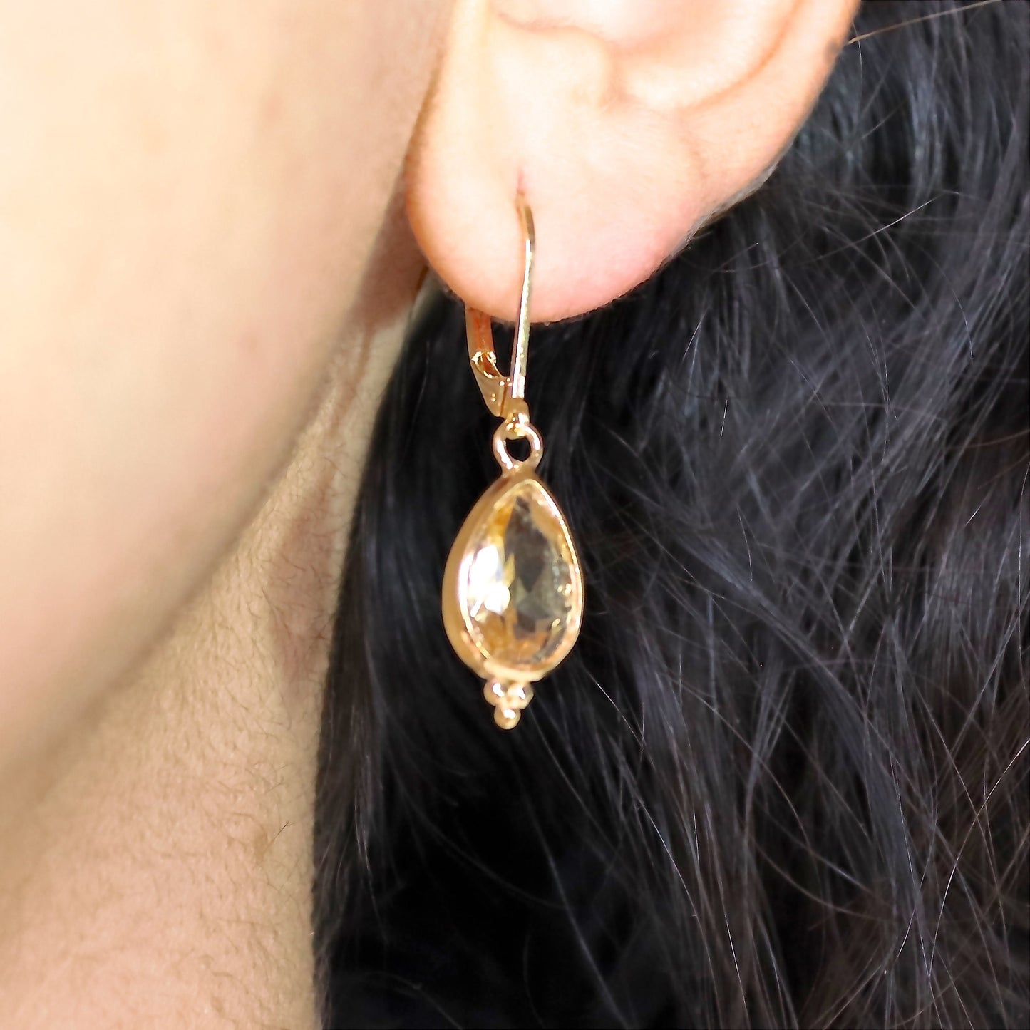 Citrine earrings, Teardrop yellow stone gold dangle earrings