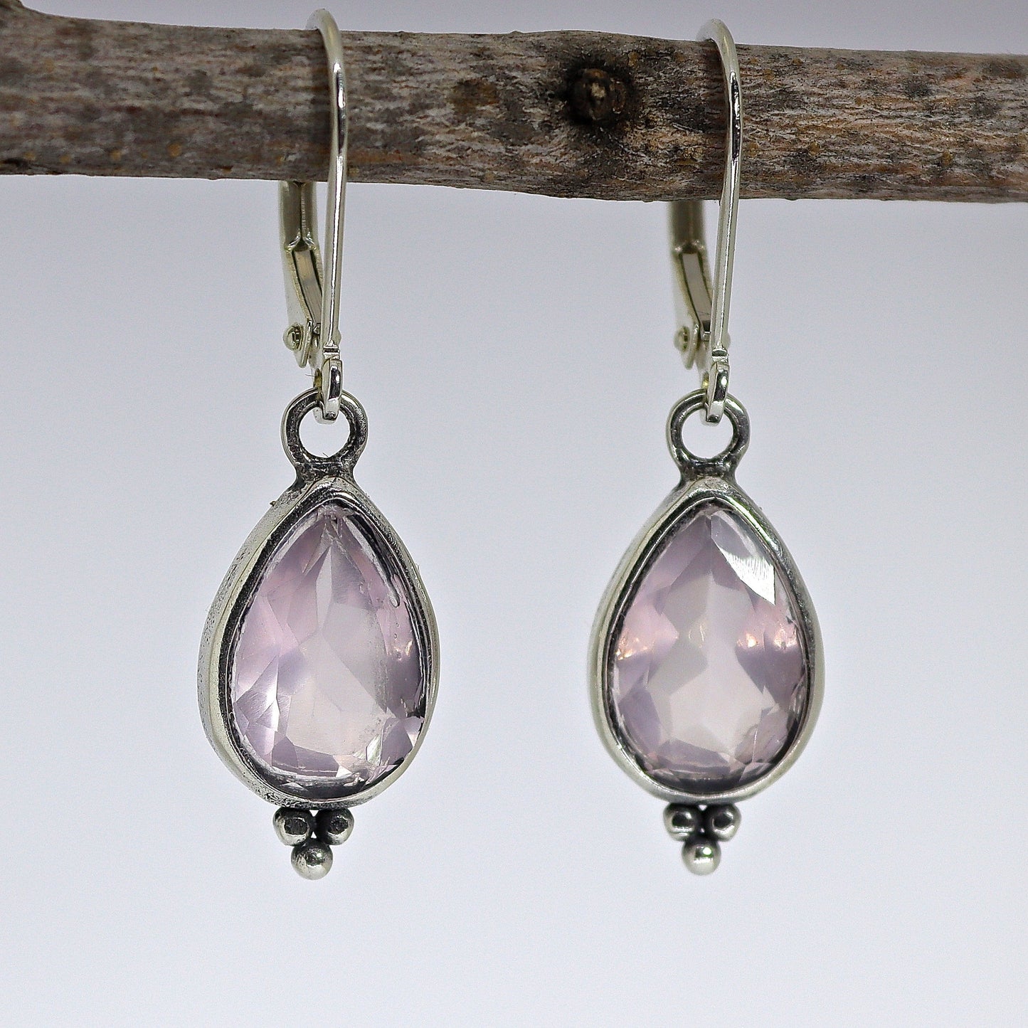 Rose quartz earrings, Teardrop pink stone silver dangle earrings