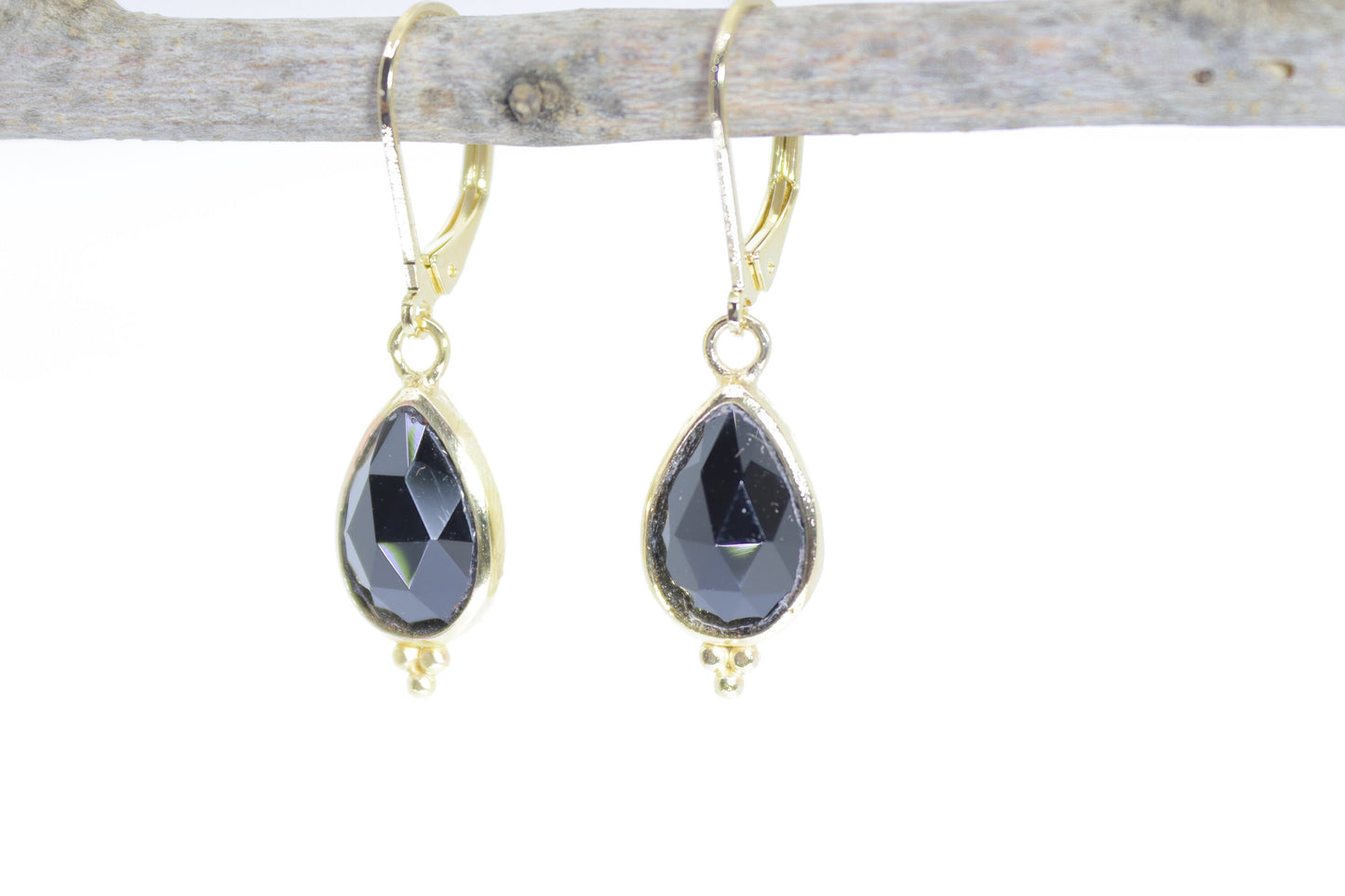 14k gold Onyx earrings, Teardrop black stone dangle earrings
